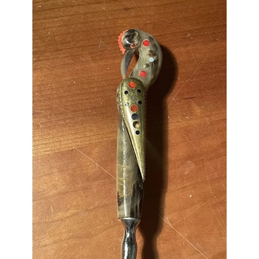 Rare Vintage Carved Bird Heron  Handle Pie Server Inlaid Metal Blade Mid-Century